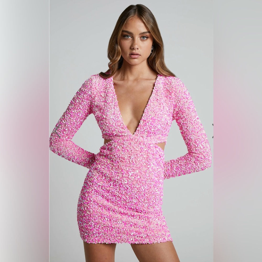 Gabriella Mini Dress - Plunge Long Sleeve Cut Out Pink Sequin